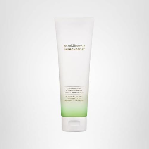 bareMinerals Skinlongevity Face Cleanser, Cream-to-Foam Cleanser with Mineral Herb Complex, Removes Makeup & Sunscreen, Strengthens Skin Barrier, Purifies Without Stripping, Gentle for All Skin Types
