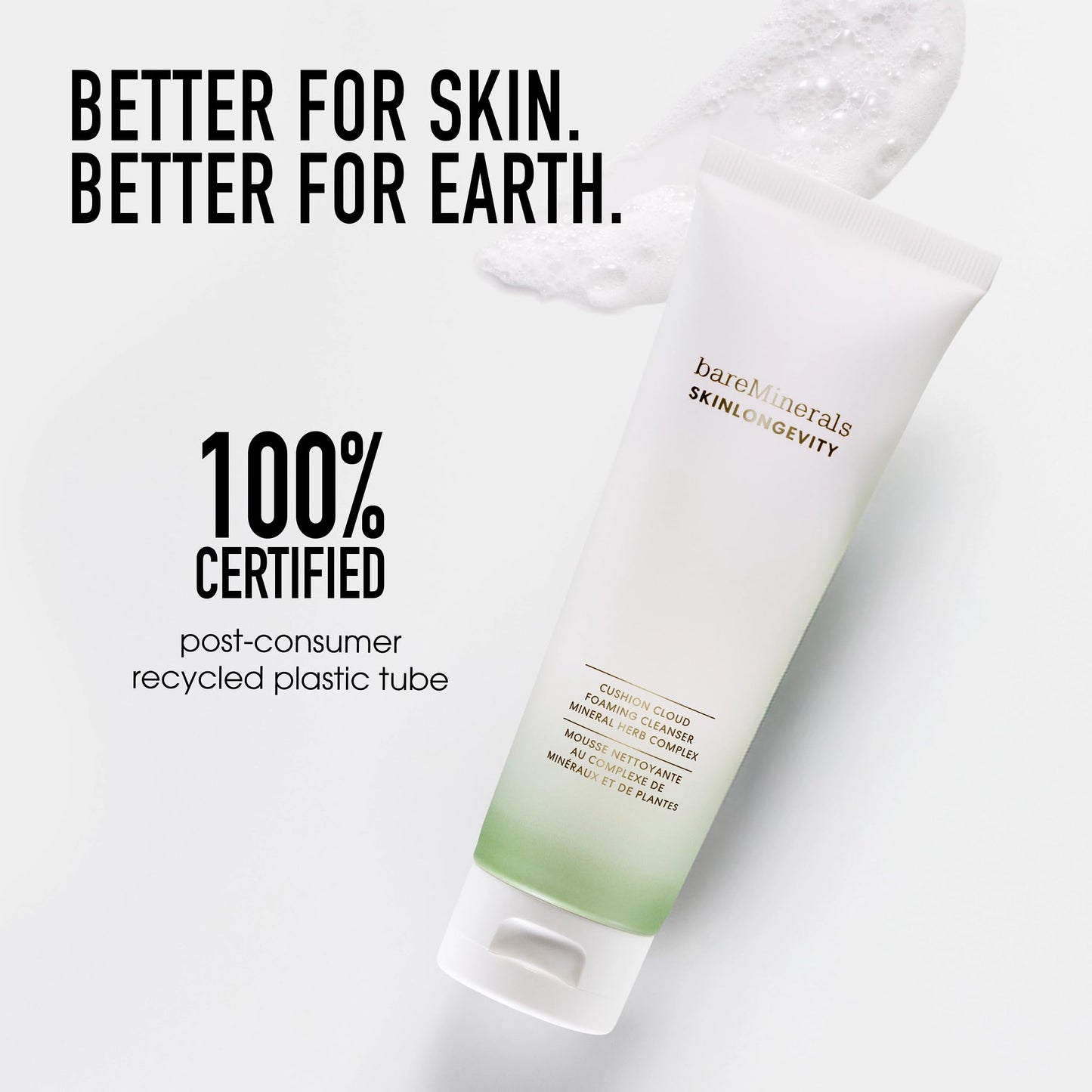 bareMinerals Skinlongevity Face Cleanser, Cream-to-Foam Cleanser with Mineral Herb Complex, Removes Makeup & Sunscreen, Strengthens Skin Barrier, Purifies Without Stripping, Gentle for All Skin Types
