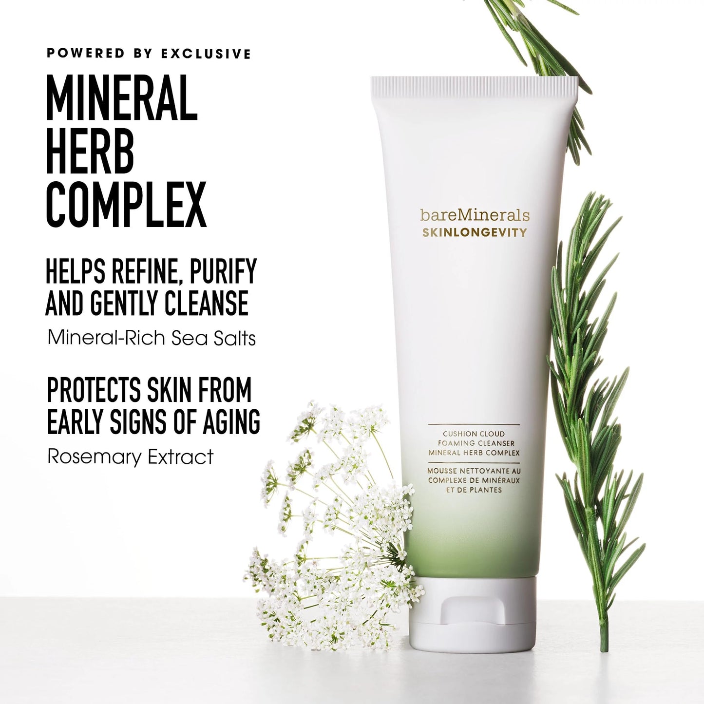 bareMinerals Skinlongevity Face Cleanser, Cream-to-Foam Cleanser with Mineral Herb Complex, Removes Makeup & Sunscreen, Strengthens Skin Barrier, Purifies Without Stripping, Gentle for All Skin Types