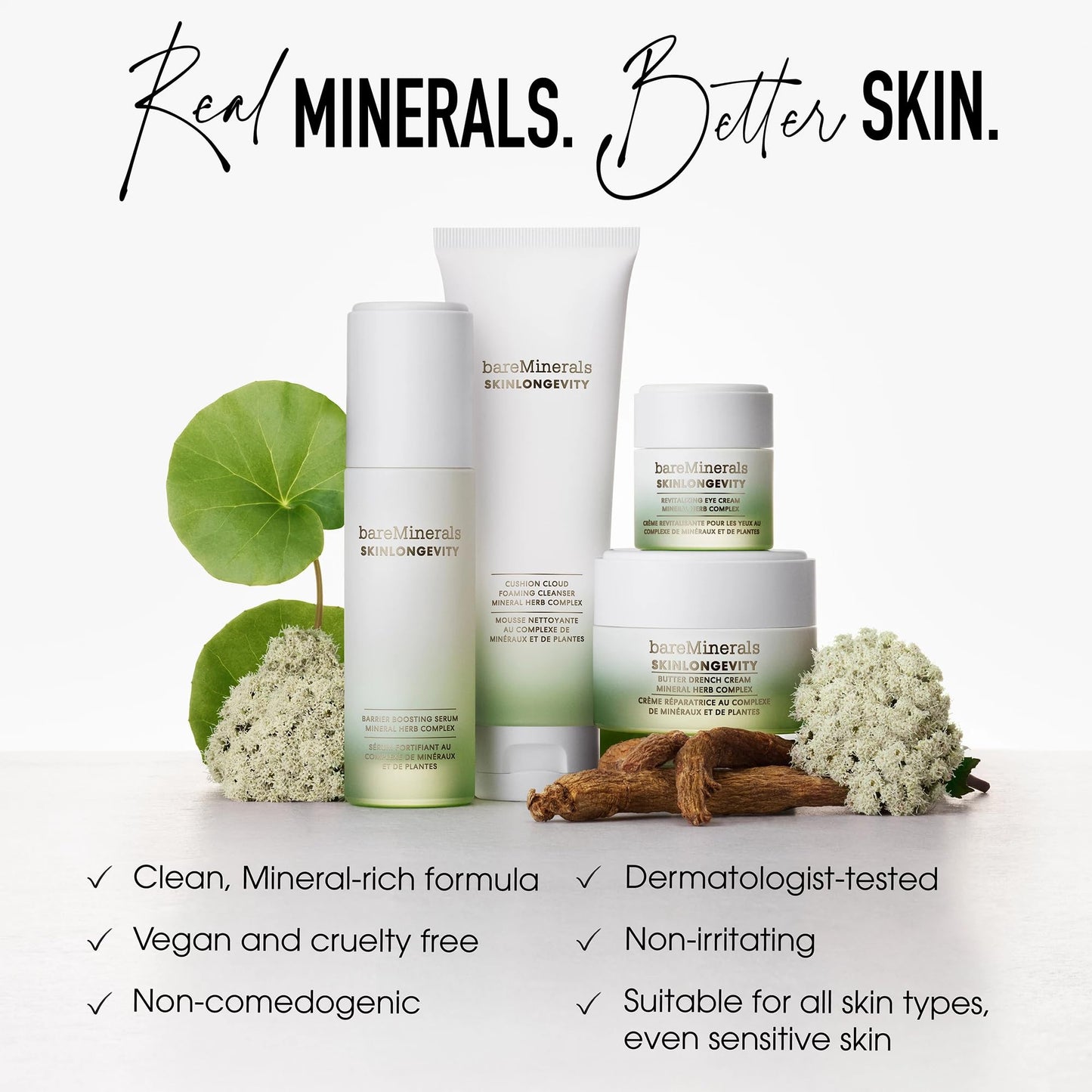 bareMinerals Skinlongevity Face Cleanser, Cream-to-Foam Cleanser with Mineral Herb Complex, Removes Makeup & Sunscreen, Strengthens Skin Barrier, Purifies Without Stripping, Gentle for All Skin Types