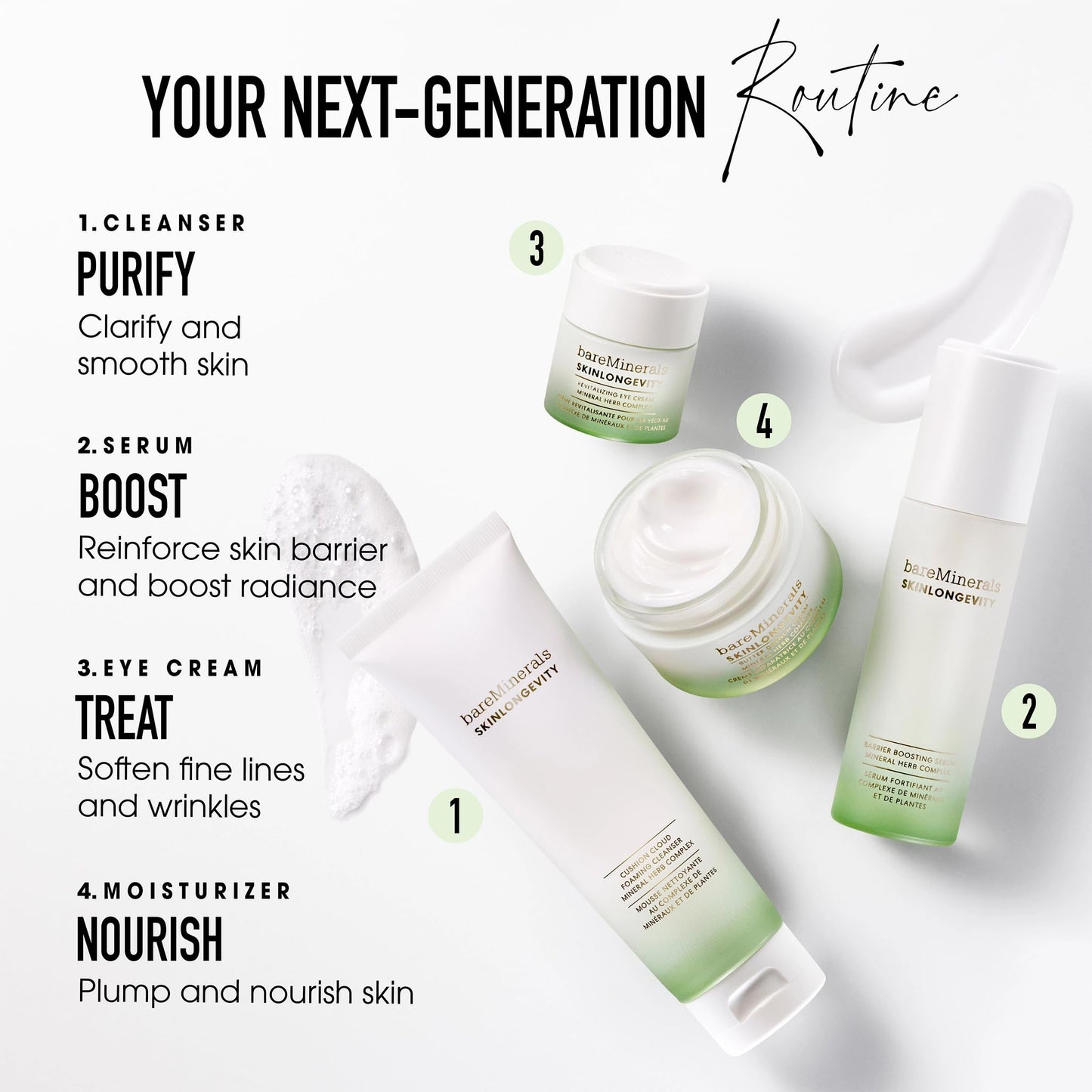 bareMinerals Skinlongevity Face Cleanser, Cream-to-Foam Cleanser with Mineral Herb Complex, Removes Makeup & Sunscreen, Strengthens Skin Barrier, Purifies Without Stripping, Gentle for All Skin Types